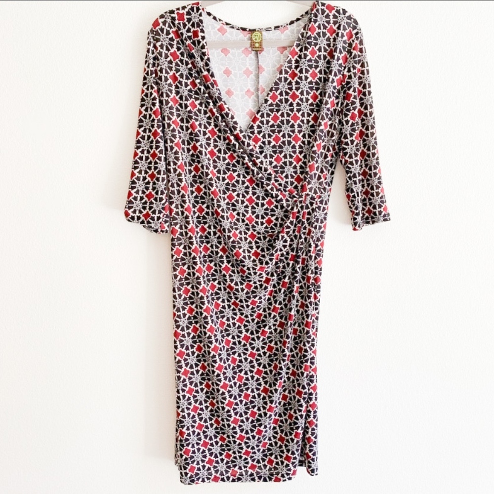 24/7 Black White Red Pattern Faux Wrap Dress Sz L